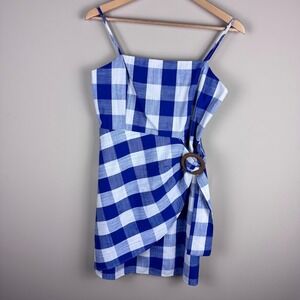 Gingham Mini Dress Blue White Sleeveless Wood Ring Detail Summer Cute Medium